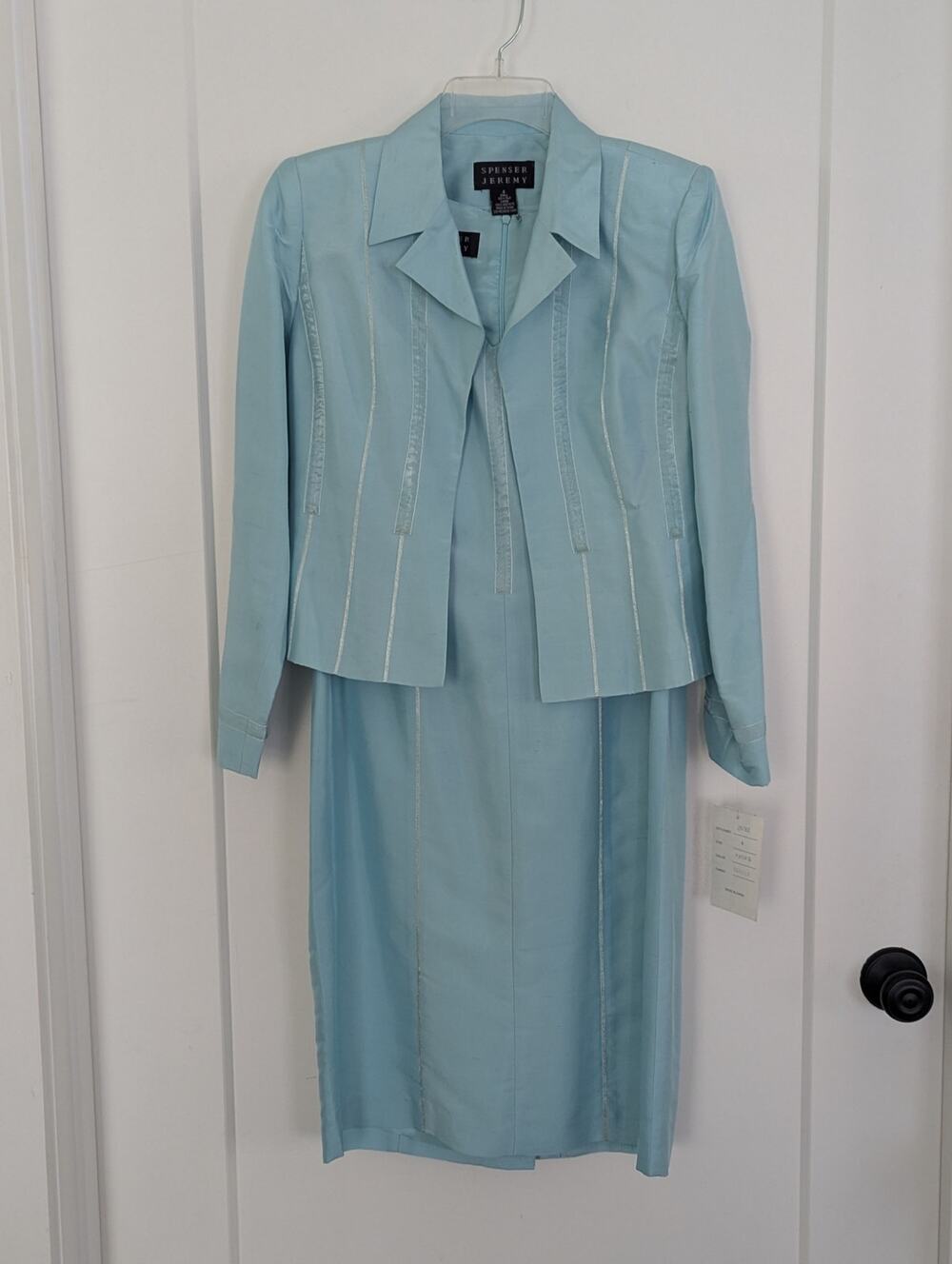 NWT Spenser Jeremy 100% Silk 2 Pc Dress Set Light Blue Aqua Sz4 Midi Jacket